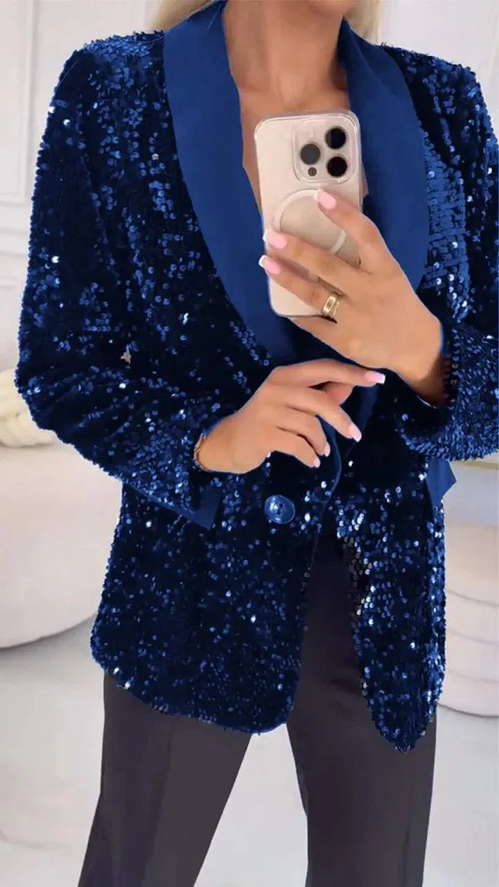 Glamorous Sequin Blazer with Turndown Collar for Effortless Elegance