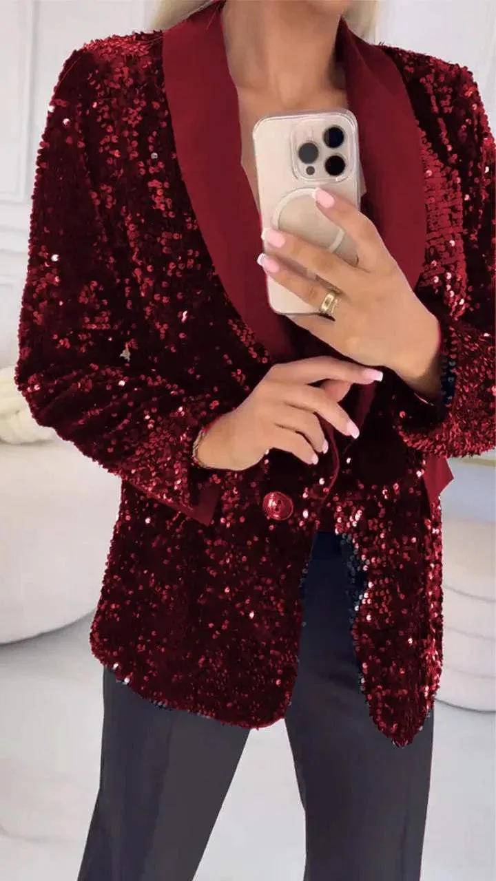 Glamorous Sequin Blazer with Turndown Collar for Effortless Elegance