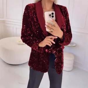 Glamorous Sequin Blazer with Turndown Collar for Effortless Elegance