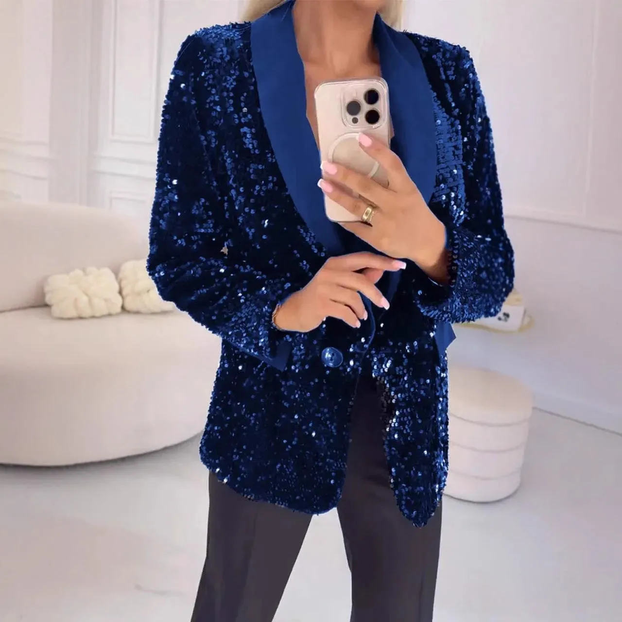 Glamorous Sequin Blazer with Turndown Collar for Effortless Elegance