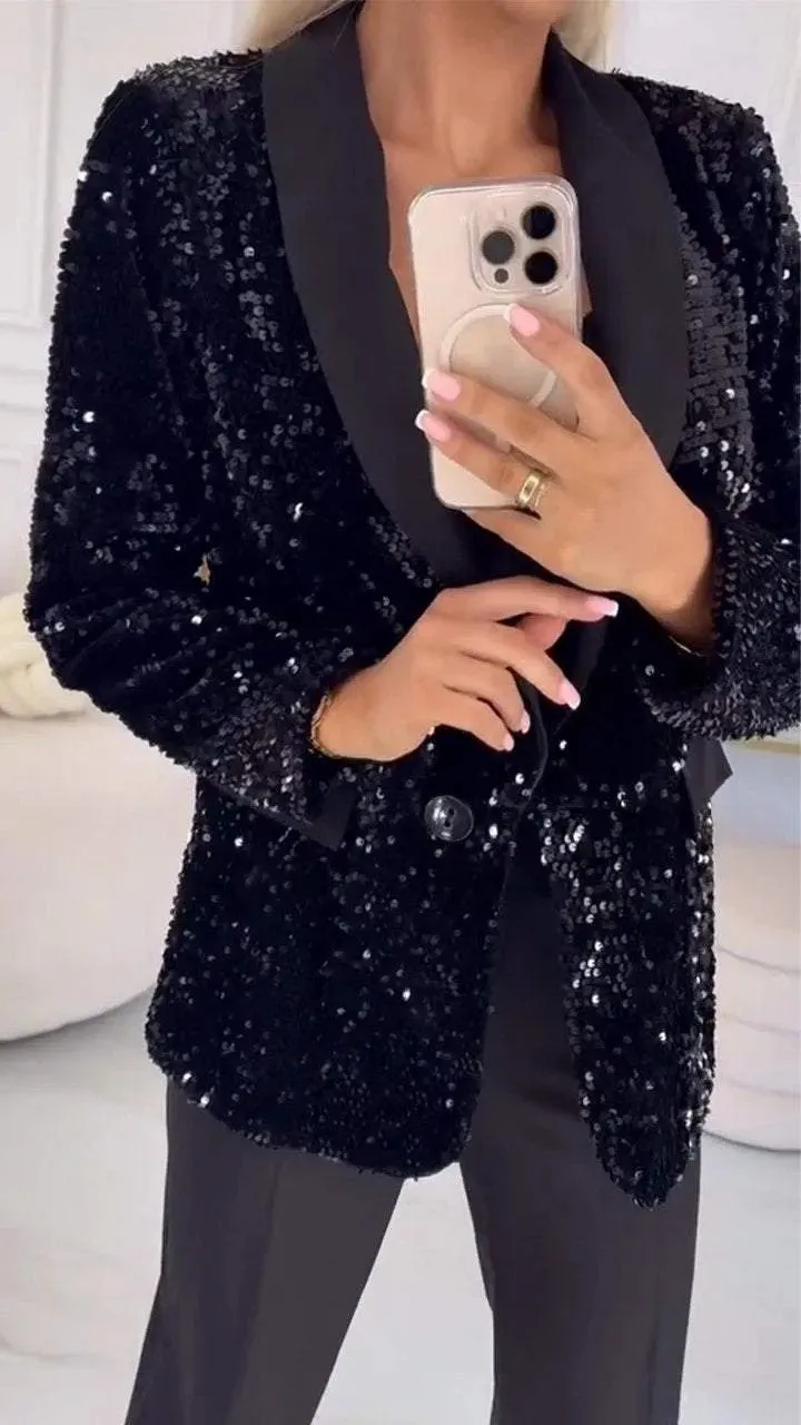 Glamorous Sequin Blazer with Turndown Collar for Effortless Elegance