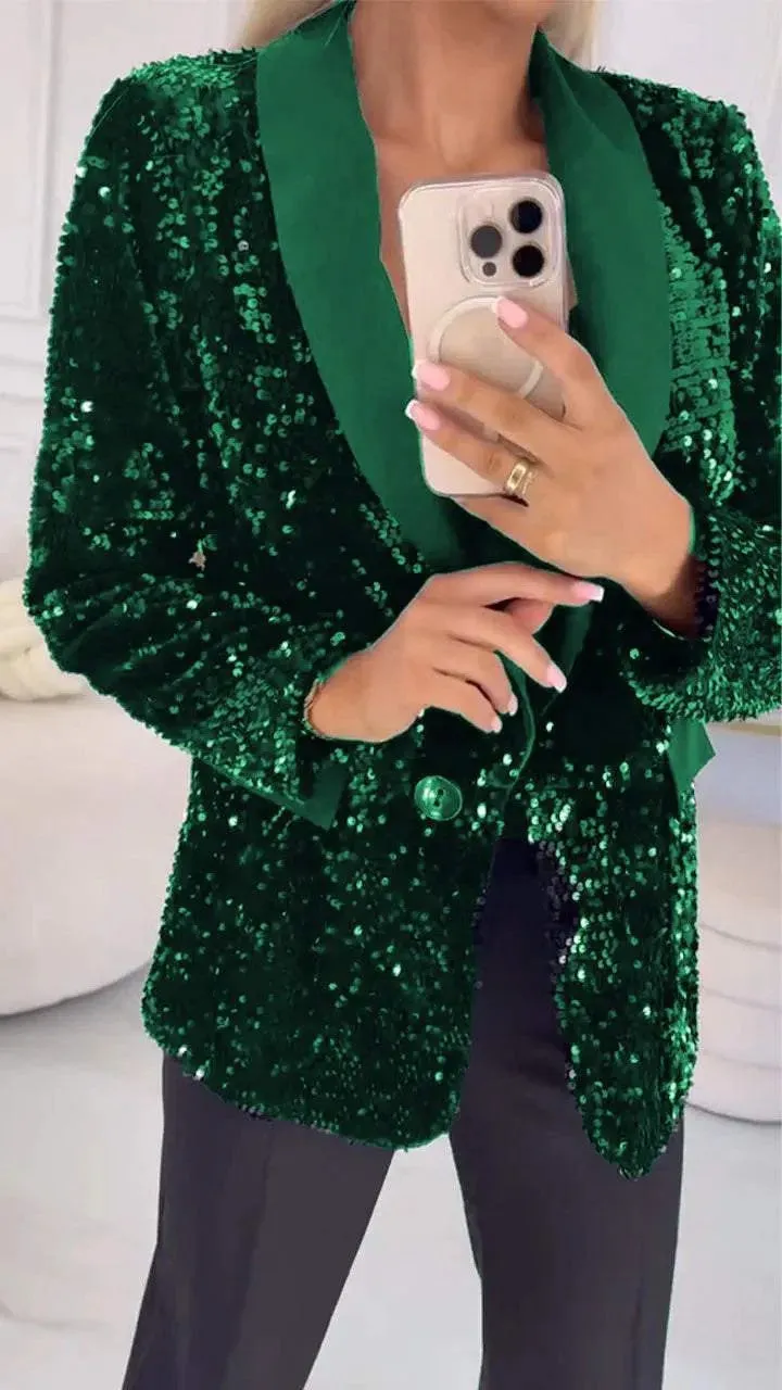 Glamorous Sequin Blazer with Turndown Collar for Effortless Elegance