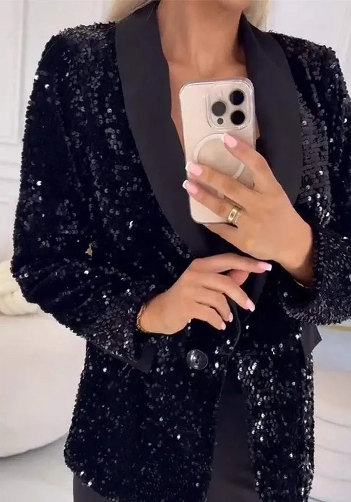 Glamorous Sequin Blazer with Turndown Collar for Effortless Elegance