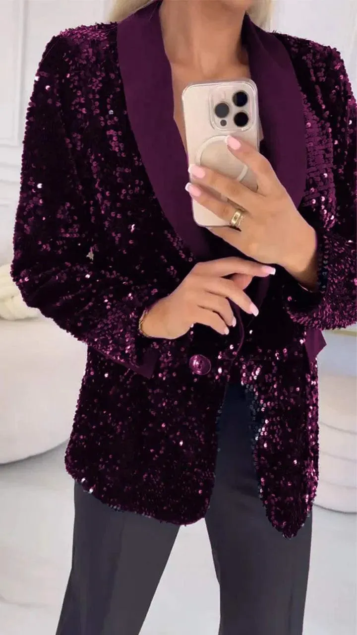 Glamorous Sequin Blazer with Turndown Collar for Effortless Elegance