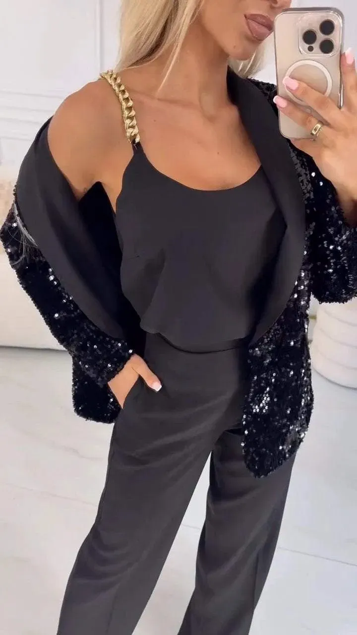 Glamorous Sequin Blazer with Turndown Collar for Effortless Elegance