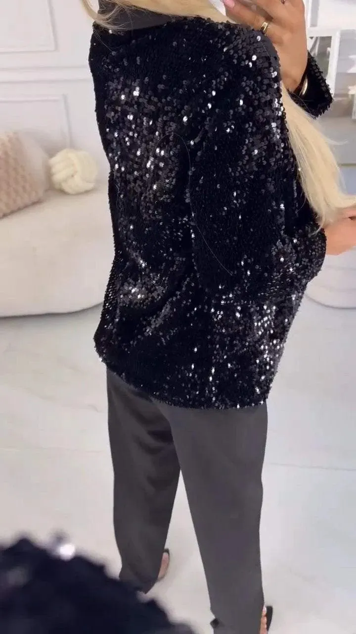 Glamorous Sequin Blazer with Turndown Collar for Effortless Elegance