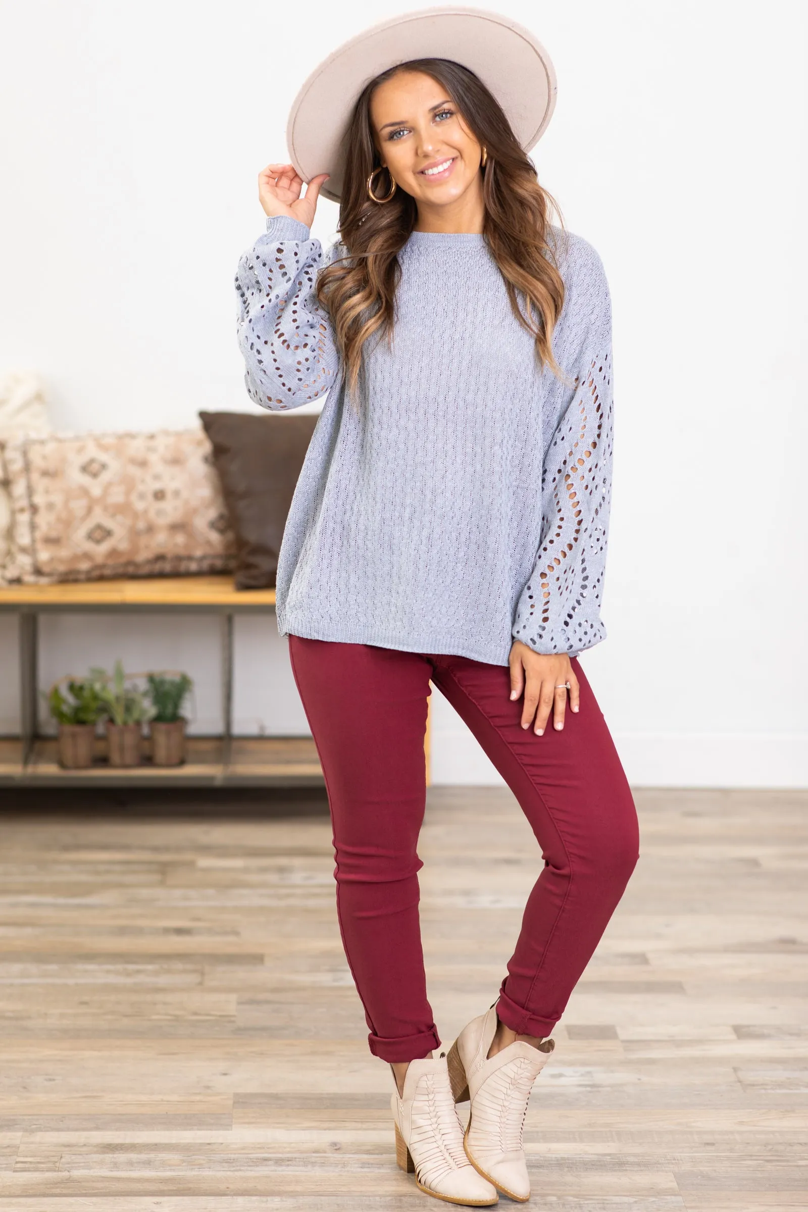 Grey Laser Cut Sleeve Detail Sweater