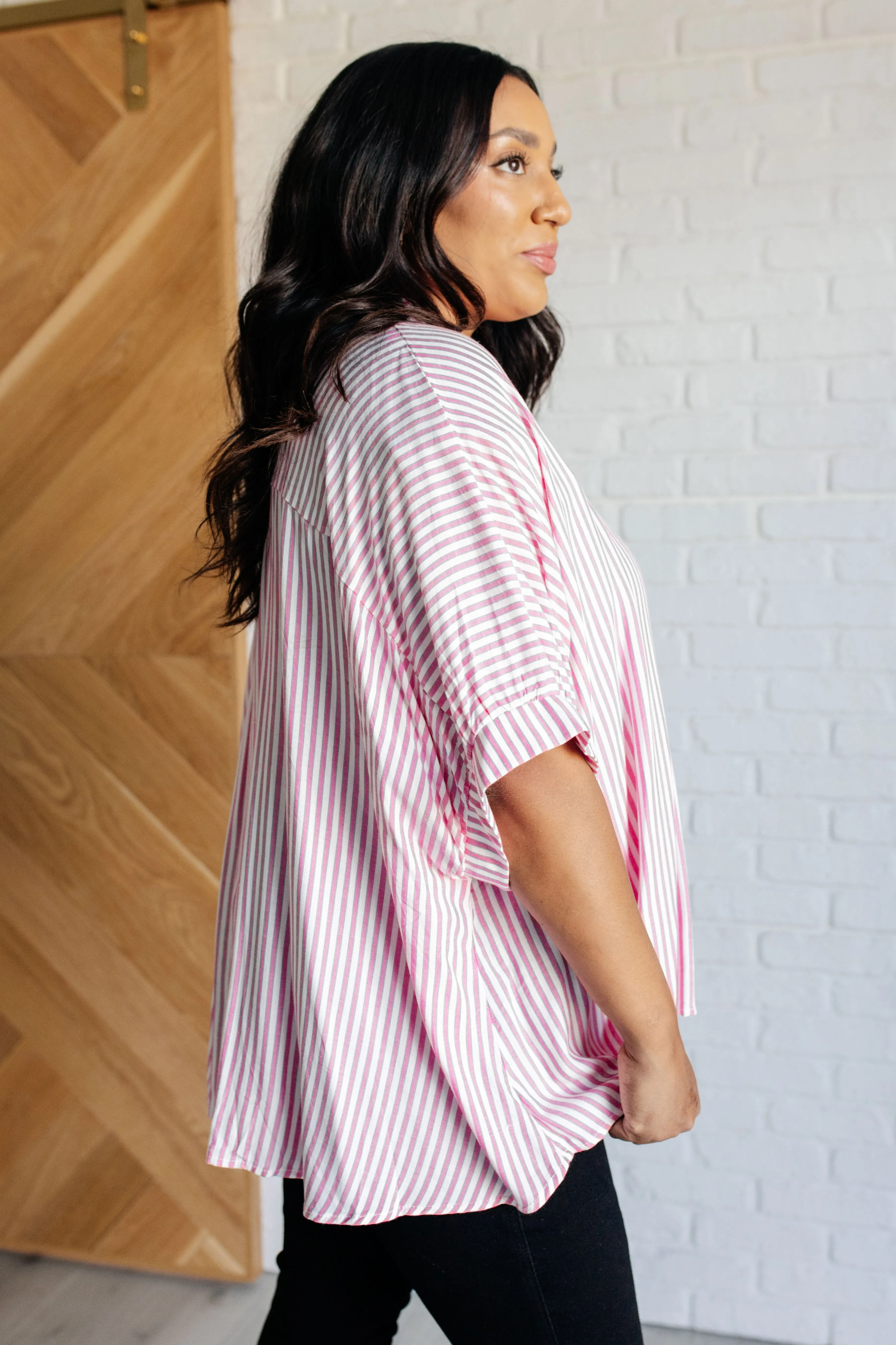 Hazel Blues® |  Boxy Striped Button Up in Hot Pink