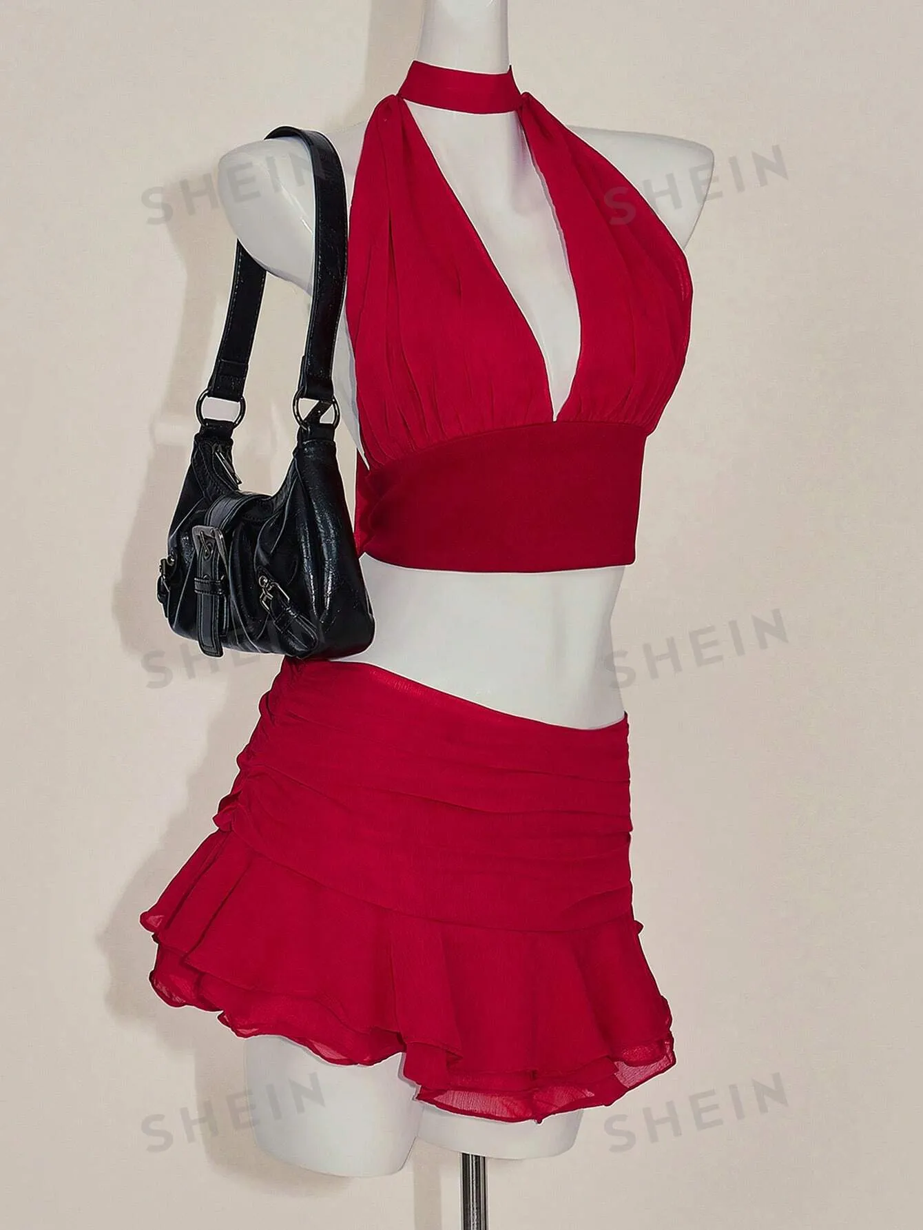 ICON Y2k Hot Red Valentine's Day 2-Piece Set: Fitted Ruched V-Neck Camisole With Ruffle Hem & Wide Waistband Skirt