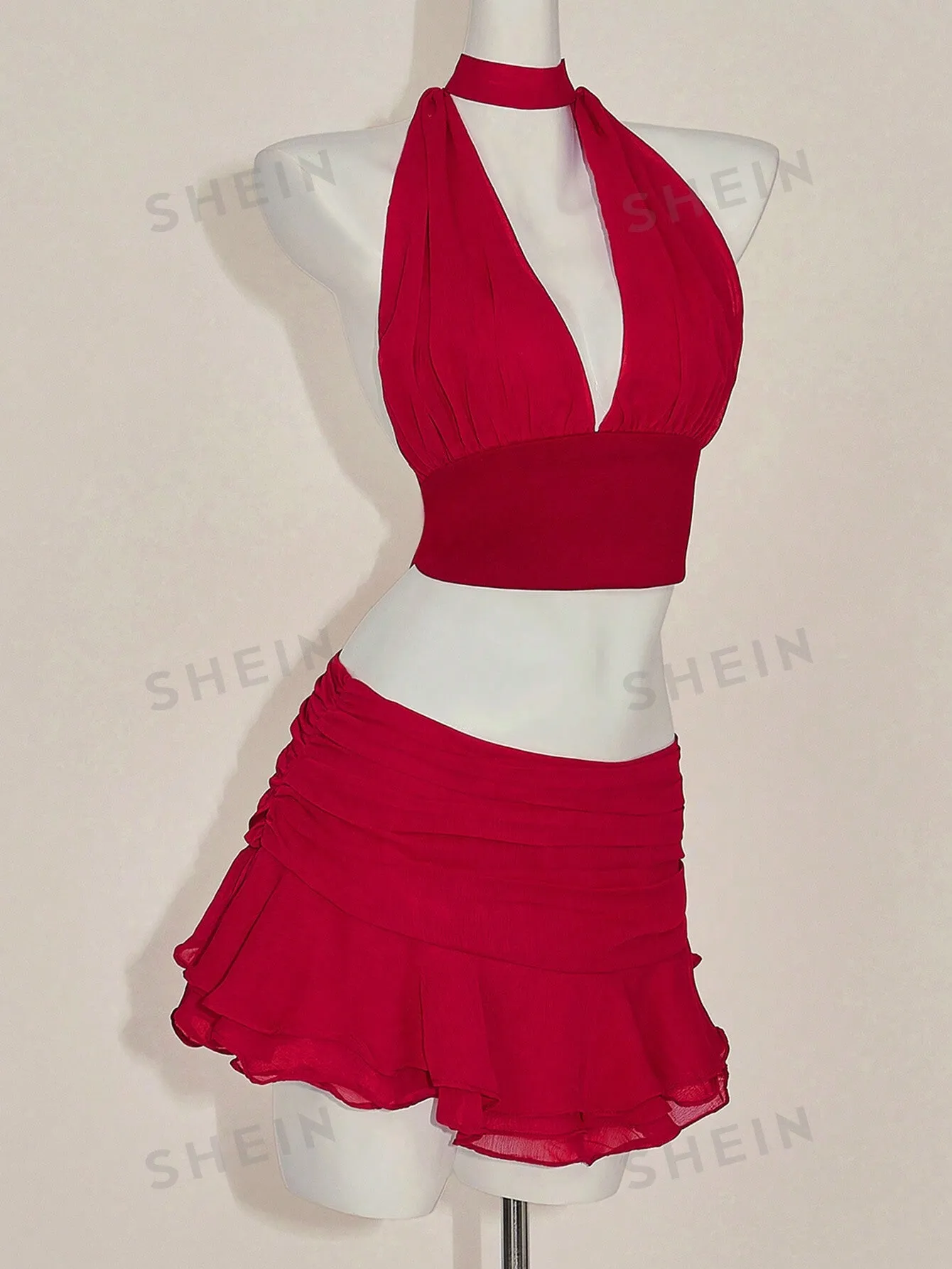 ICON Y2k Hot Red Valentine's Day 2-Piece Set: Fitted Ruched V-Neck Camisole With Ruffle Hem & Wide Waistband Skirt