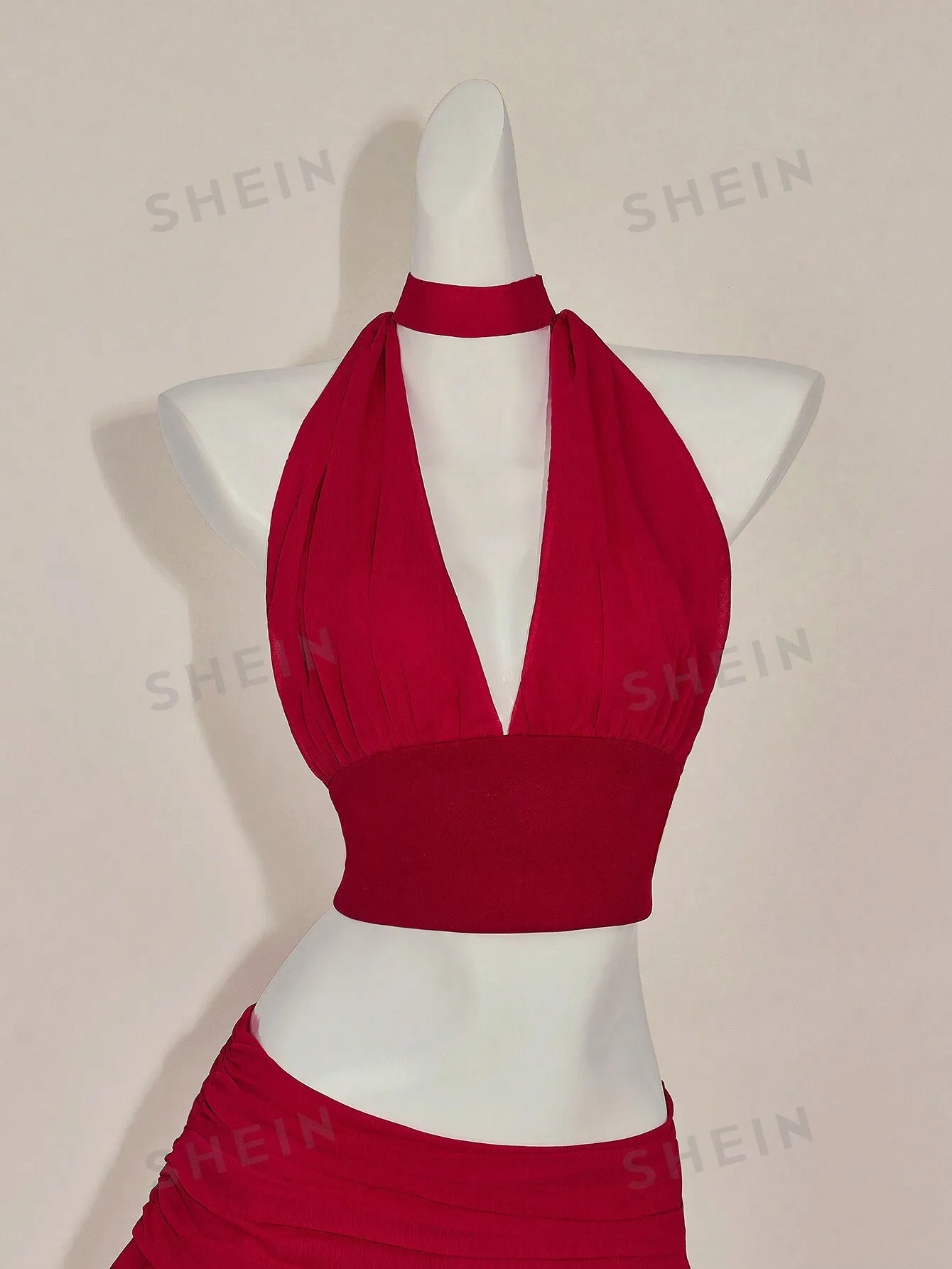 ICON Y2k Hot Red Valentine's Day 2-Piece Set: Fitted Ruched V-Neck Camisole With Ruffle Hem & Wide Waistband Skirt