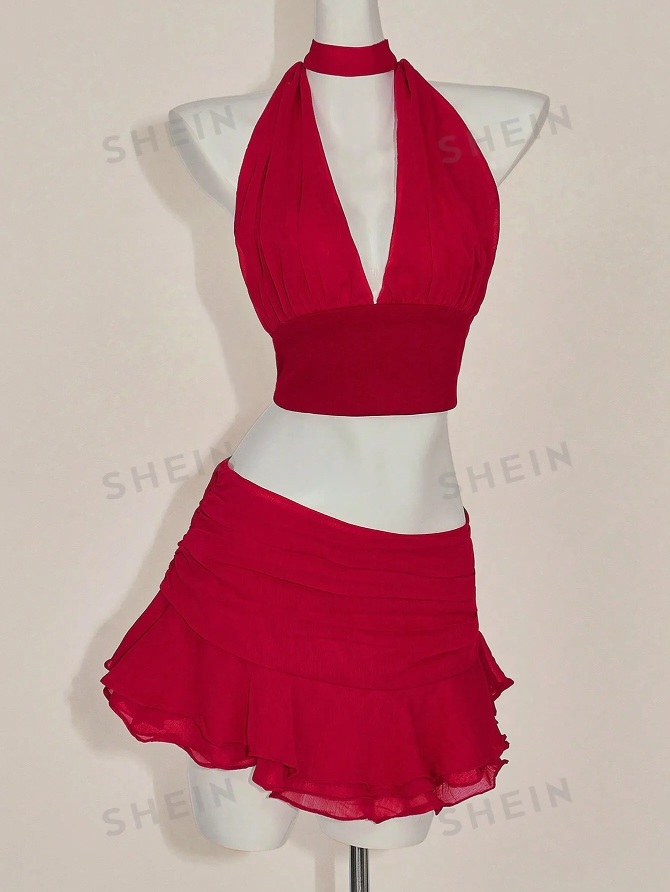 ICON Y2k Hot Red Valentine's Day 2-Piece Set: Fitted Ruched V-Neck Camisole With Ruffle Hem & Wide Waistband Skirt