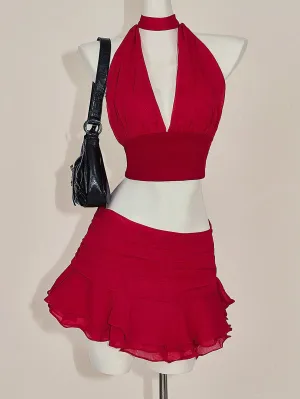 ICON Y2k Hot Red Valentine's Day 2-Piece Set: Fitted Ruched V-Neck Camisole With Ruffle Hem & Wide Waistband Skirt