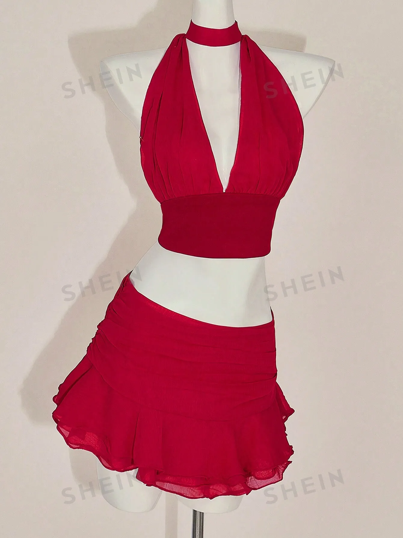 ICON Y2k Hot Red Valentine's Day 2-Piece Set: Fitted Ruched V-Neck Camisole With Ruffle Hem & Wide Waistband Skirt
