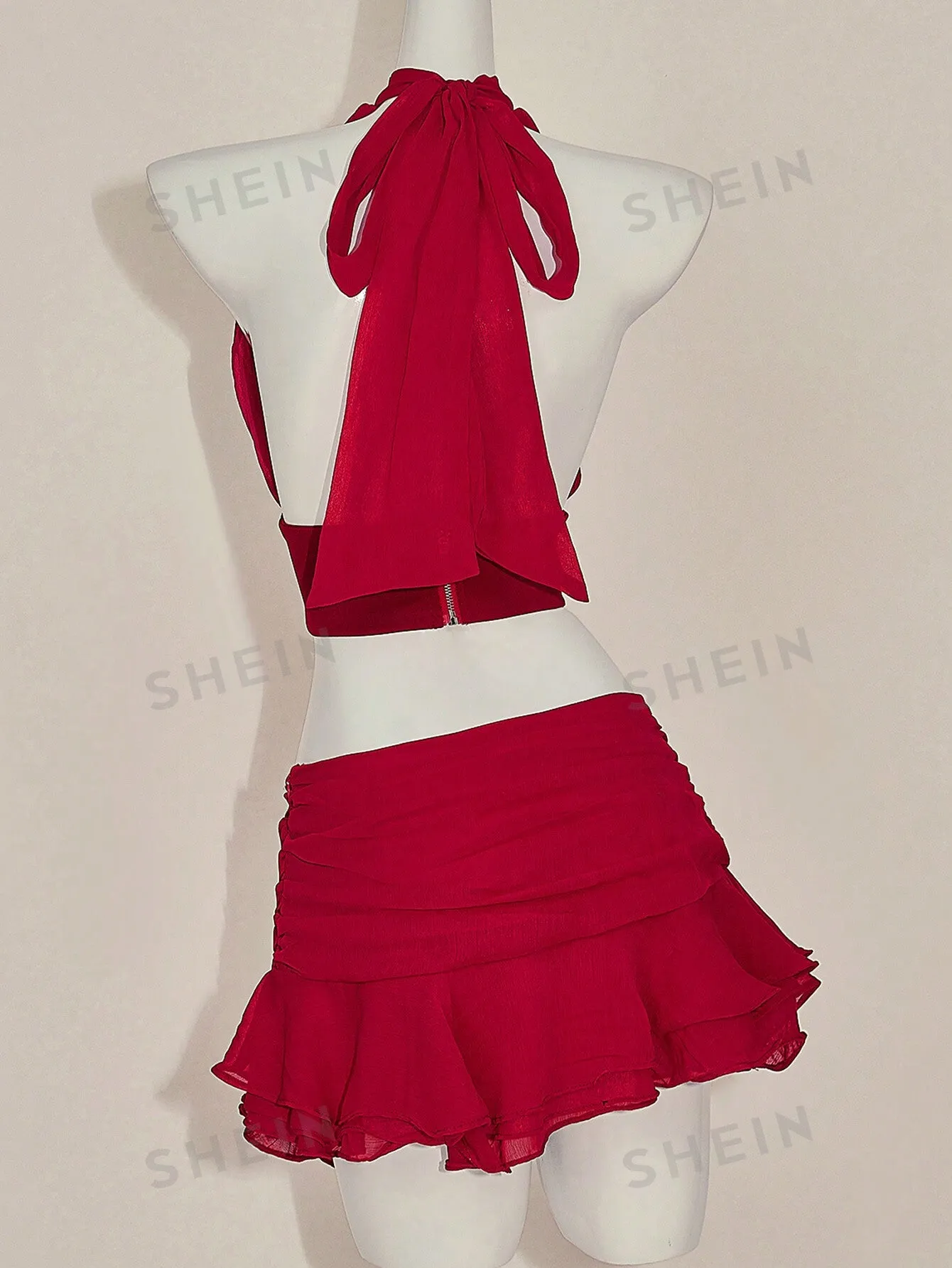 ICON Y2k Hot Red Valentine's Day 2-Piece Set: Fitted Ruched V-Neck Camisole With Ruffle Hem & Wide Waistband Skirt
