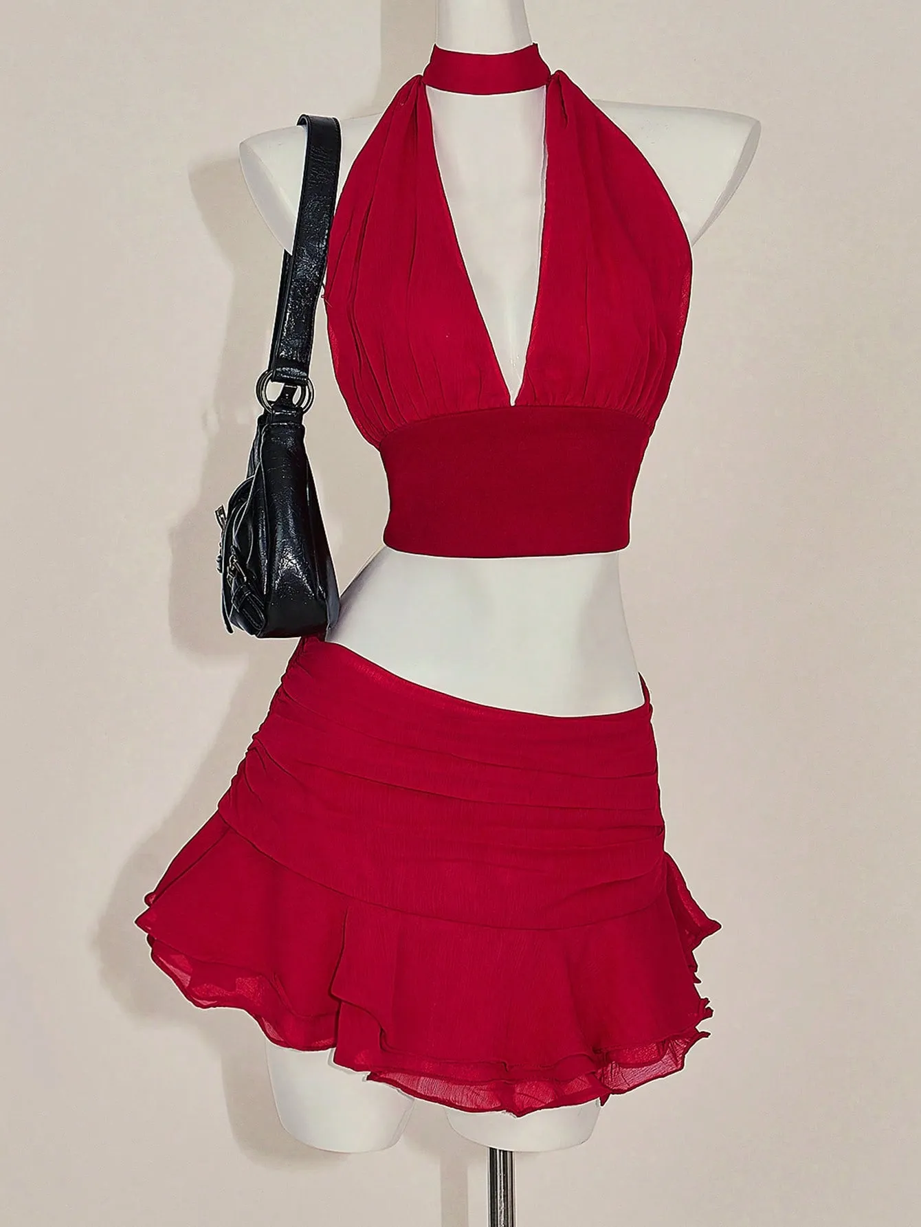 ICON Y2k Hot Red Valentine's Day 2-Piece Set: Fitted Ruched V-Neck Camisole With Ruffle Hem & Wide Waistband Skirt