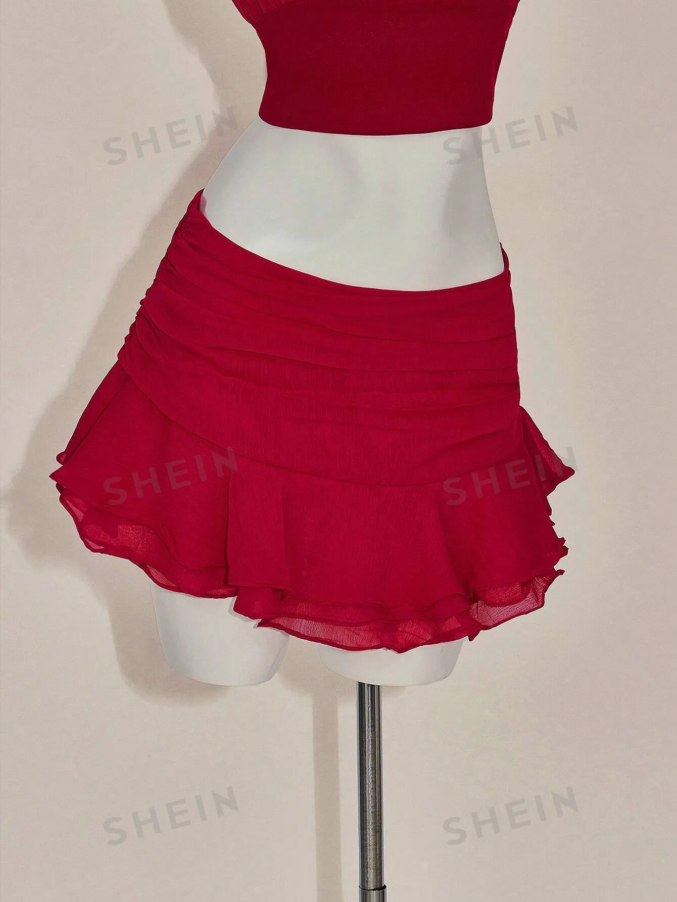 ICON Y2k Hot Red Valentine's Day 2-Piece Set: Fitted Ruched V-Neck Camisole With Ruffle Hem & Wide Waistband Skirt