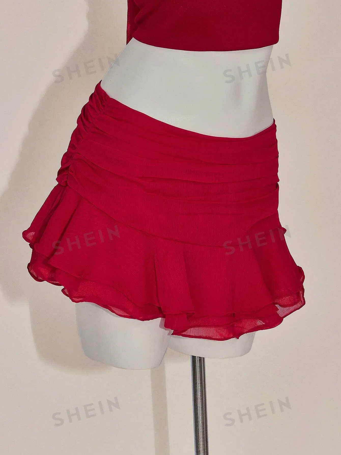 ICON Y2k Hot Red Valentine's Day 2-Piece Set: Fitted Ruched V-Neck Camisole With Ruffle Hem & Wide Waistband Skirt