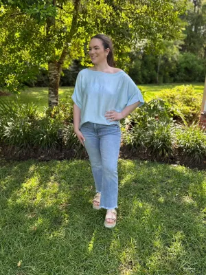 Italian Satin Short Sleeve Blue Top