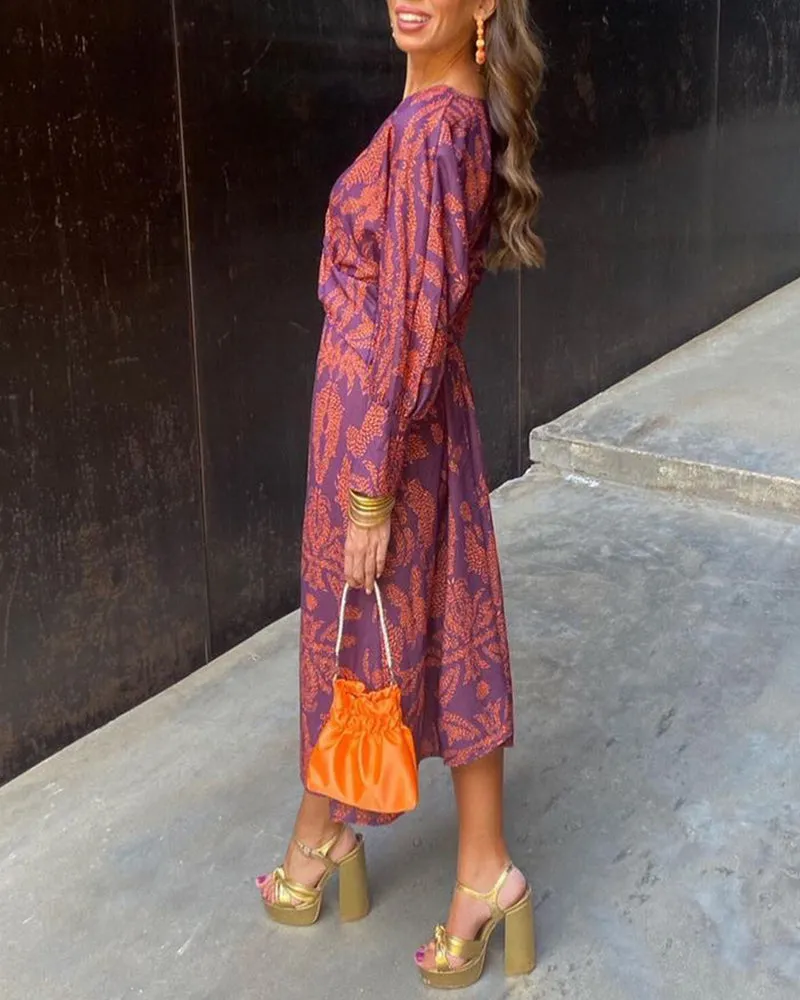 Janella Vintage Draped Long Sleeve Midi Dress