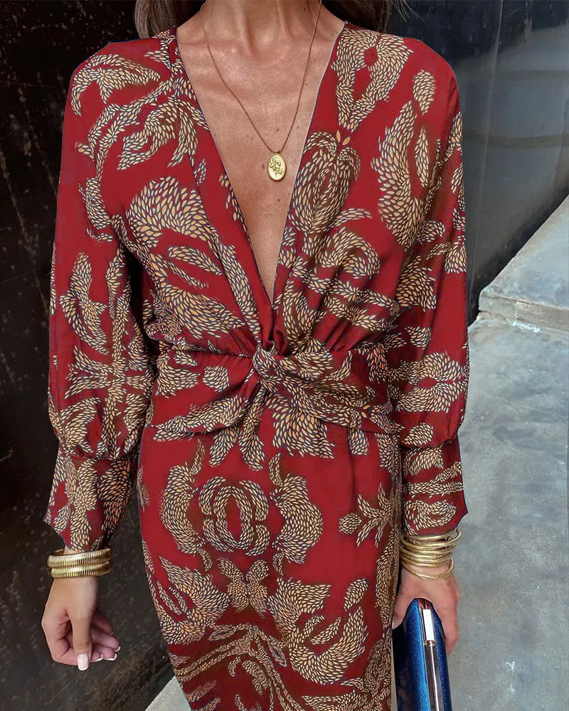 Janella Vintage Draped Long Sleeve Midi Dress