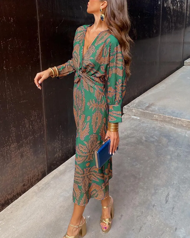 Janella Vintage Draped Long Sleeve Midi Dress