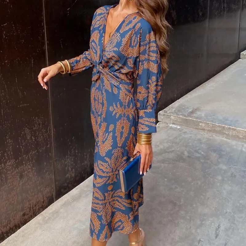 Janella Vintage Draped Long Sleeve Midi Dress