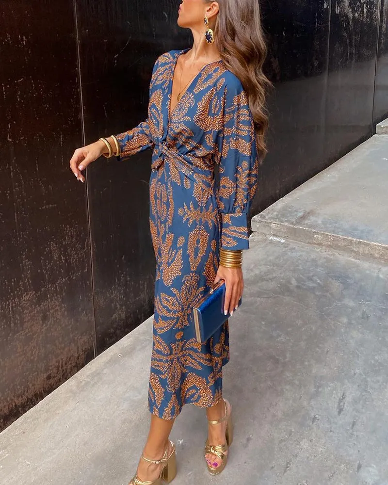 Janella Vintage Draped Long Sleeve Midi Dress