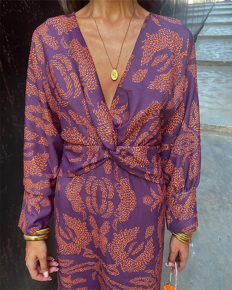 Janella Vintage Draped Long Sleeve Midi Dress