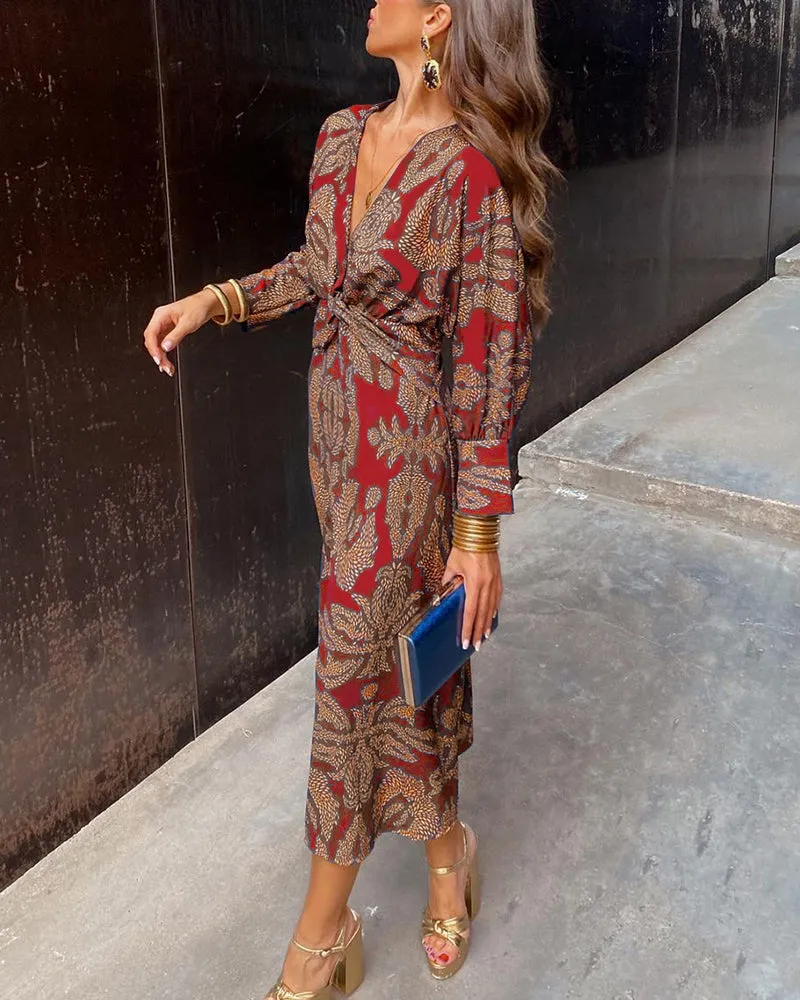 Janella Vintage Draped Long Sleeve Midi Dress