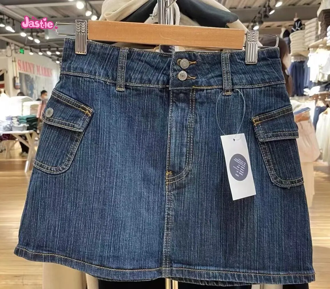 JazzHer Casual Women Blue Denim Mini Skirts Summer Vintage High Waist Pockets A-line Skirts Female Y2k Streetwear Slim Bottoms 2025