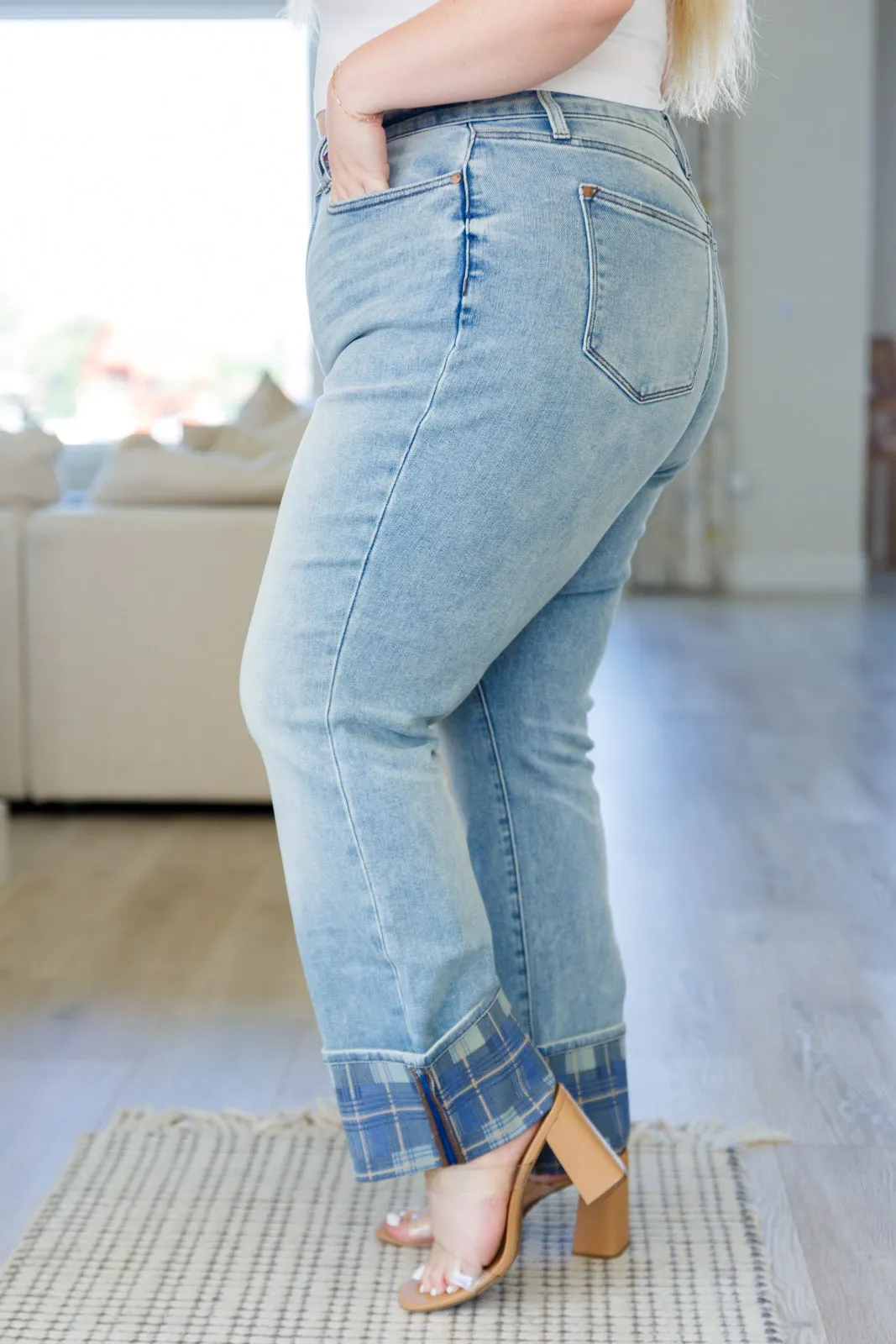 JUDY BLUE Miranda High Rise Plaid Cuff Vintage Straight Jeans