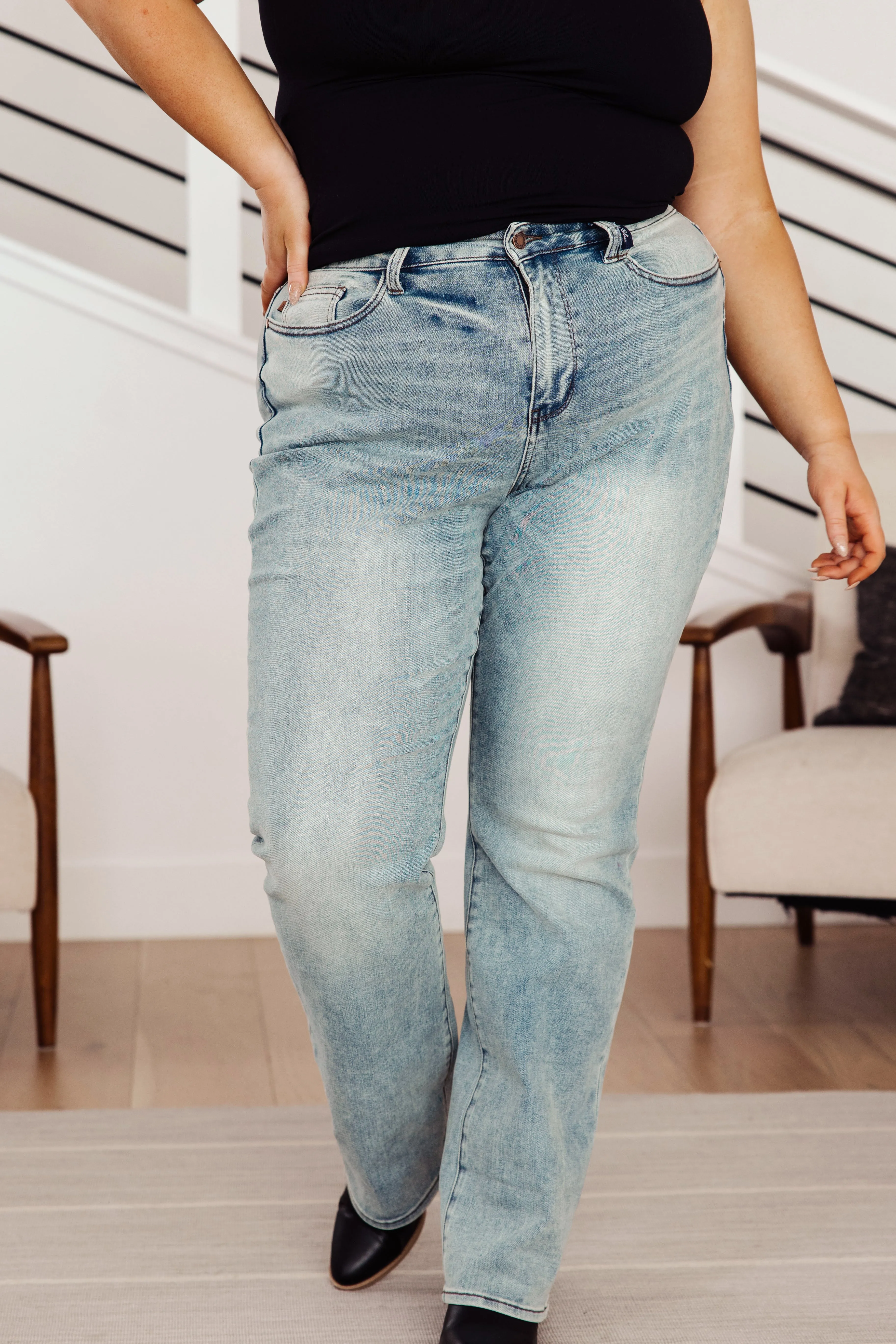 JUDY BLUE Miranda High Rise Plaid Cuff Vintage Straight Jeans