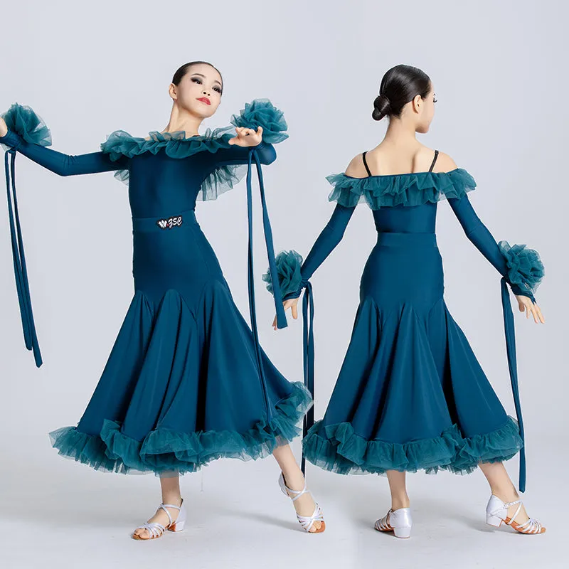 Kids Blue Ballroom Dance Dresses for Girls Children Dew Shoulder Waltz Tango Rhythm Dancing Skirts Party Performance Clothes