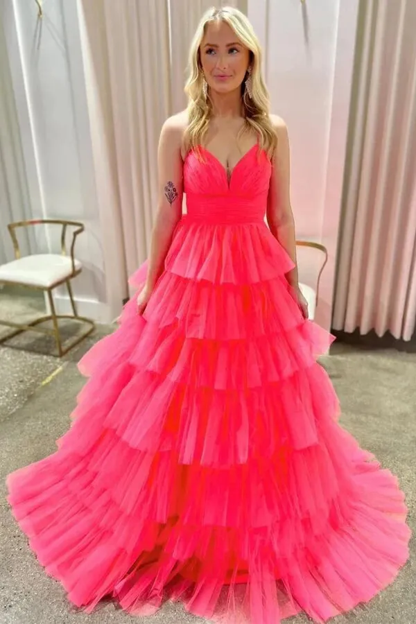 Lavender Tulle Tiered A-line V-neck Long Prom Dresses With Ruffles, SLP060