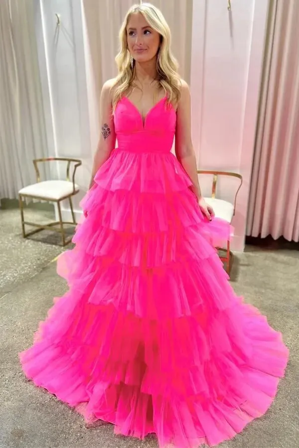 Lavender Tulle Tiered A-line V-neck Long Prom Dresses With Ruffles, SLP060