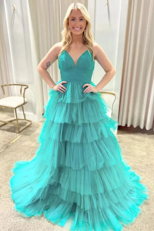 Lavender Tulle Tiered A-line V-neck Long Prom Dresses With Ruffles, SLP060