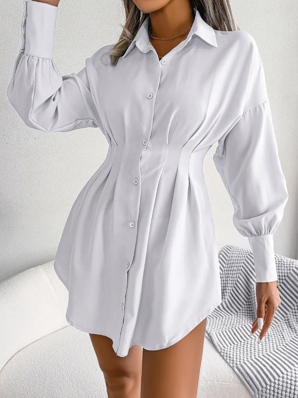 Lea Pleated Button-Up Collared Mini Shirt Dress