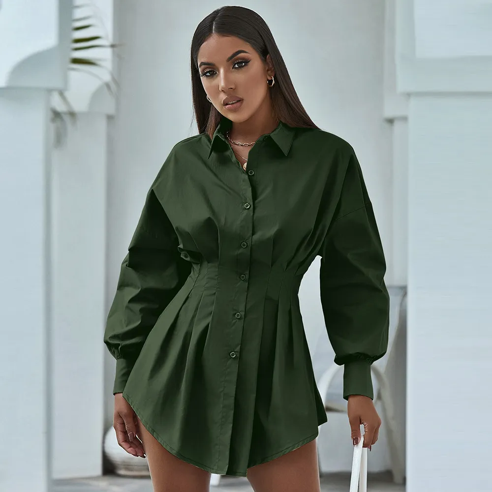 Lea Pleated Button-Up Collared Mini Shirt Dress
