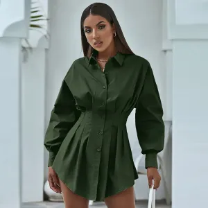 Lea Pleated Button-Up Collared Mini Shirt Dress