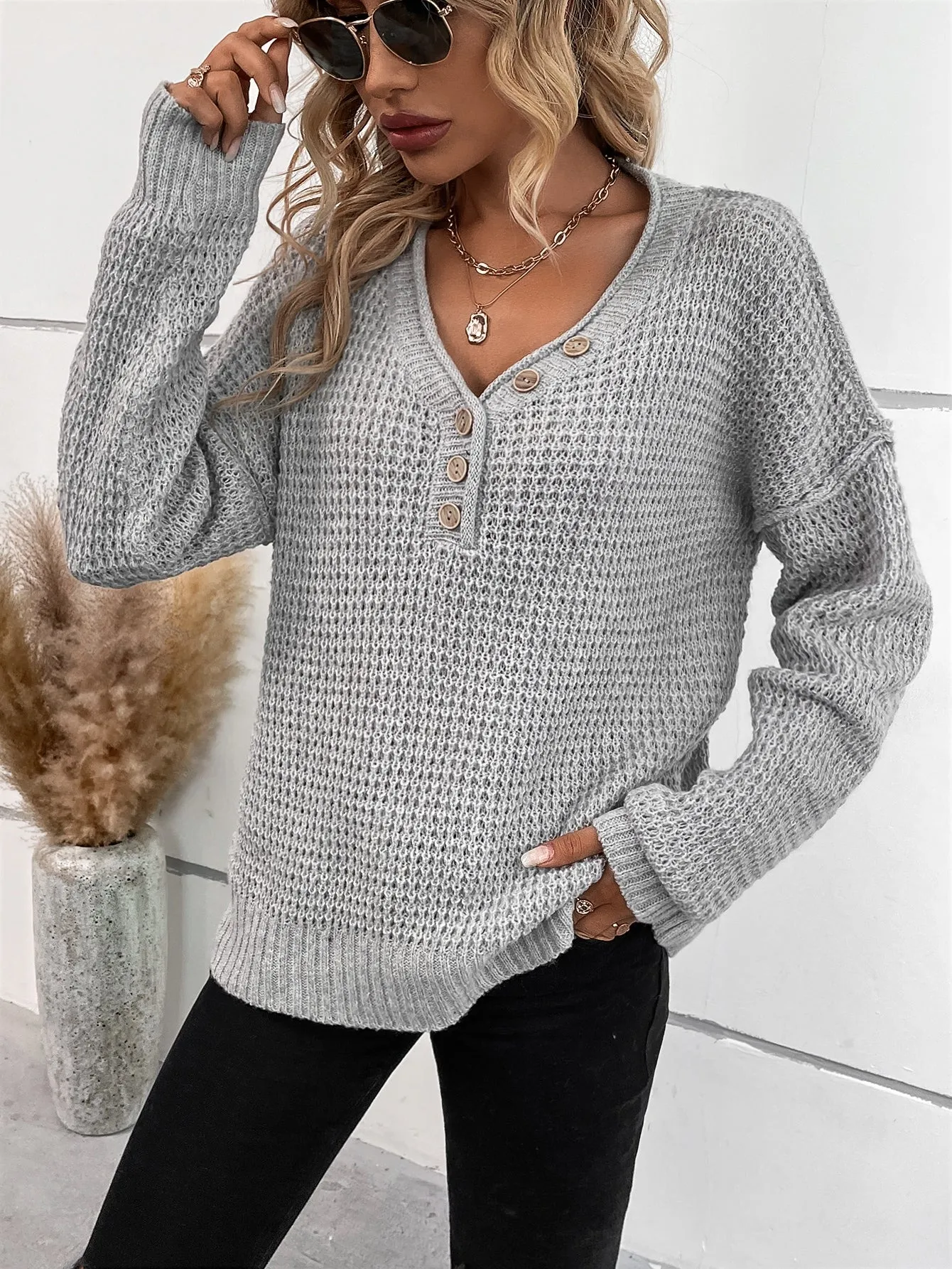 LUNE Quarter Button Drop Shoulder Sweater