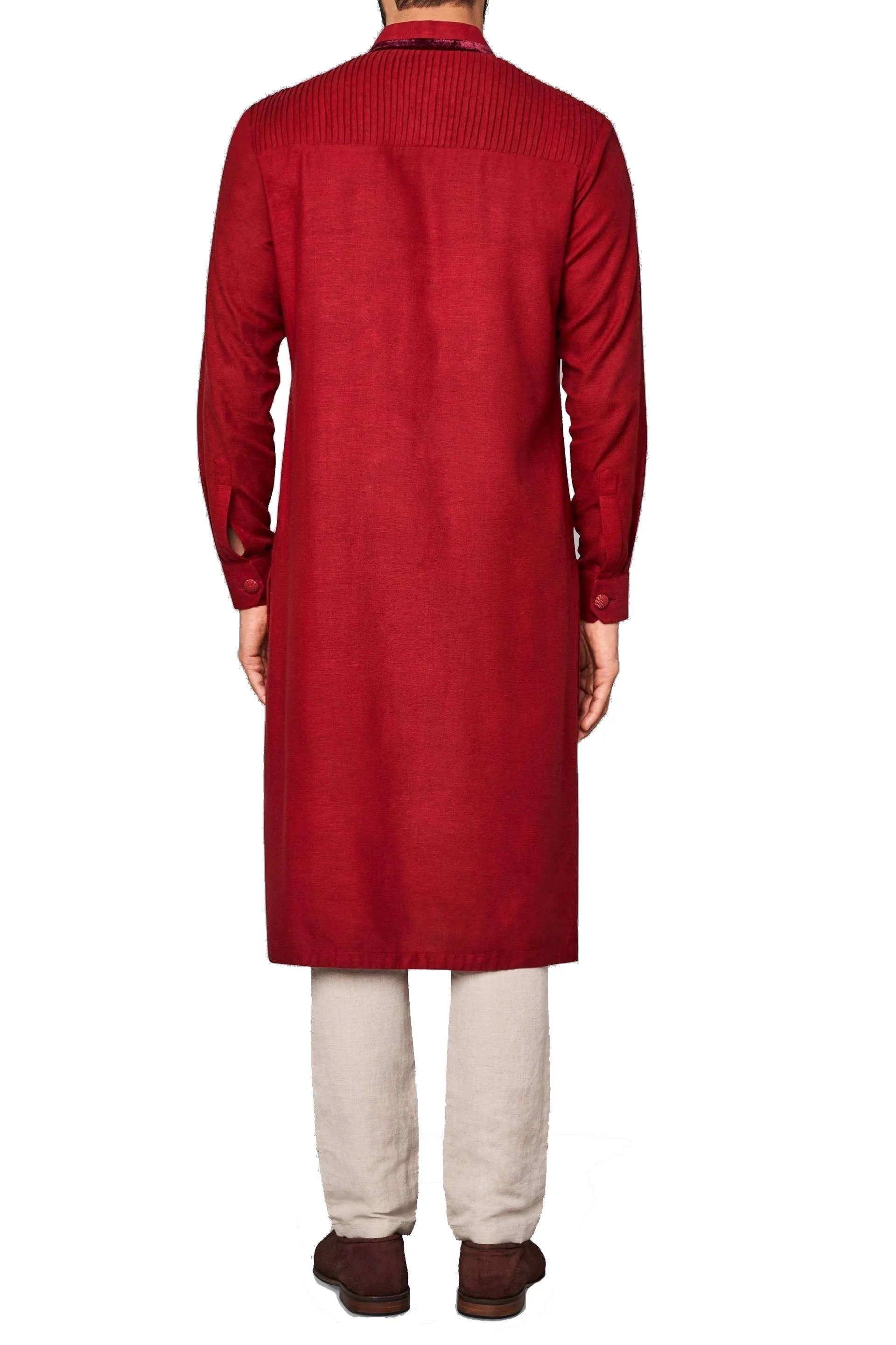 Maroon Color Kurta Mandarin Collar With Churidar Pajami