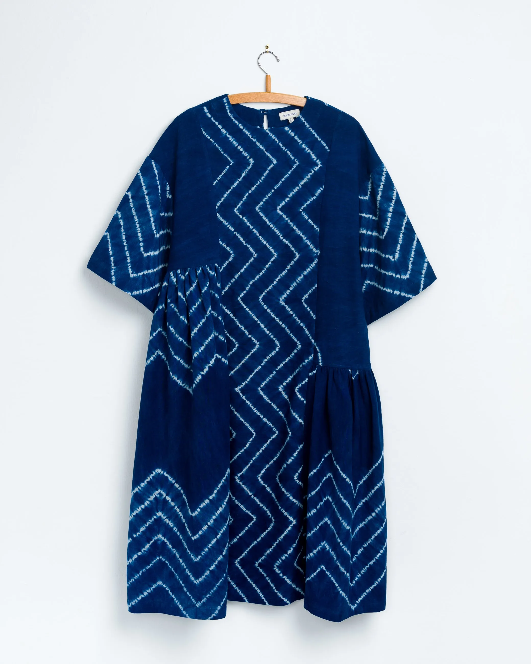 May Boxy Dress in Chevron Shibori Indigo