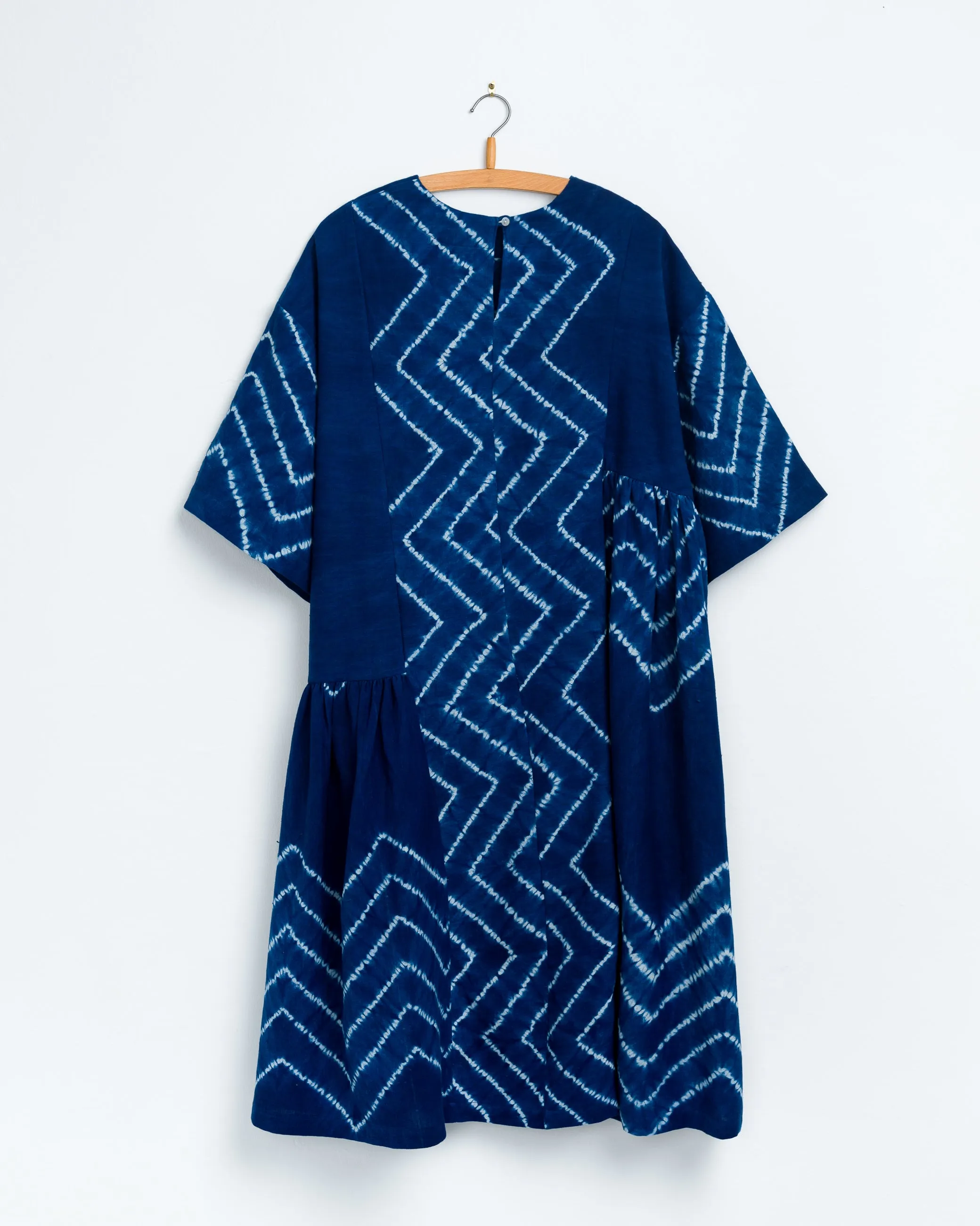 May Boxy Dress in Chevron Shibori Indigo