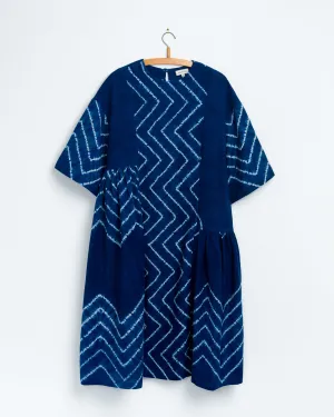 May Boxy Dress in Chevron Shibori Indigo