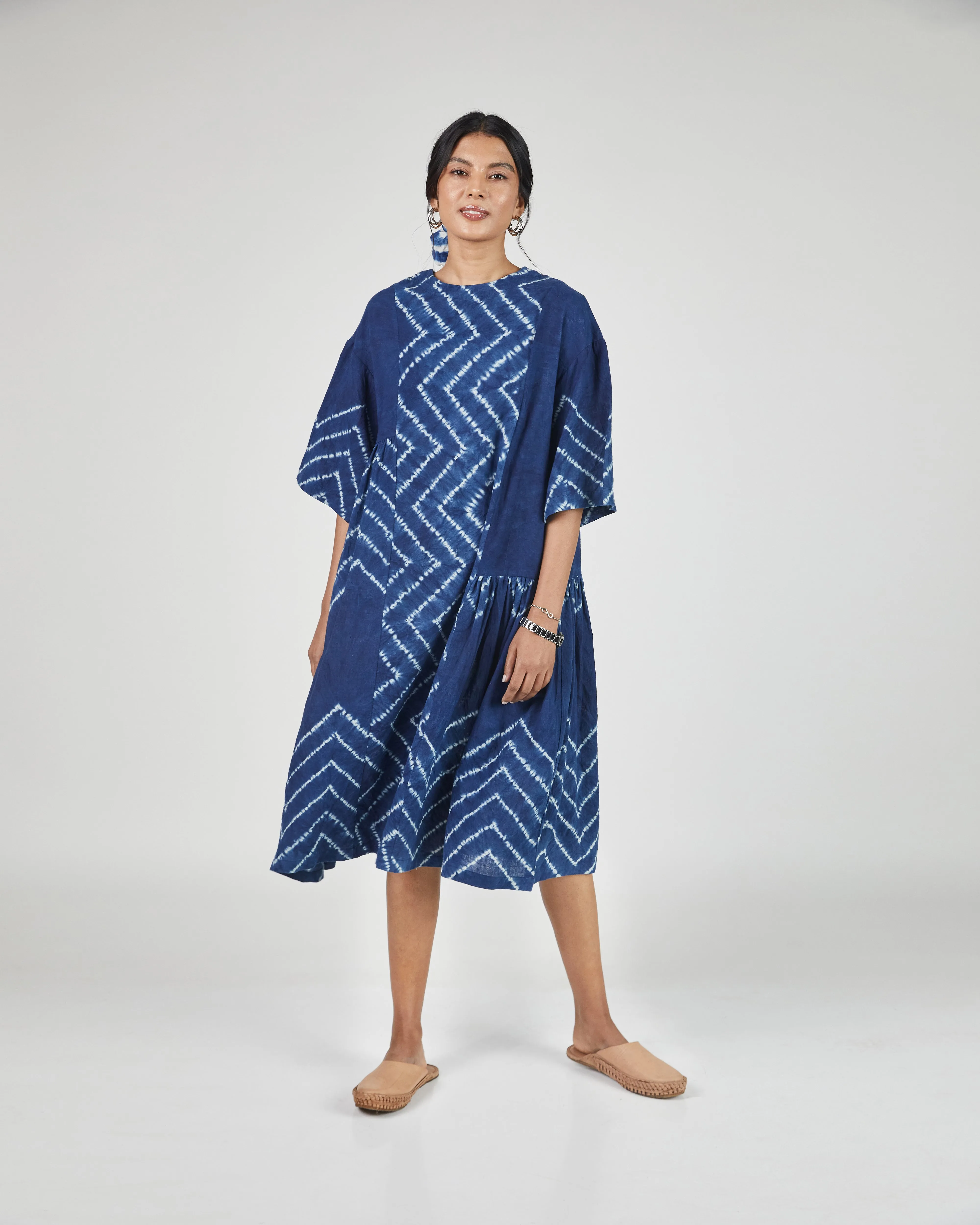 May Boxy Dress in Chevron Shibori Indigo