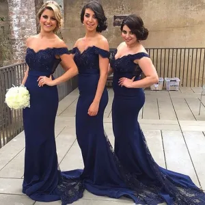 Mermaid Off-the-Shoulder Lace Dark Navy Bridesmaid Dresses
