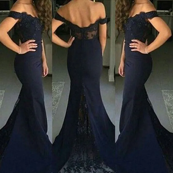 Mermaid Off-the-Shoulder Lace Dark Navy Bridesmaid Dresses