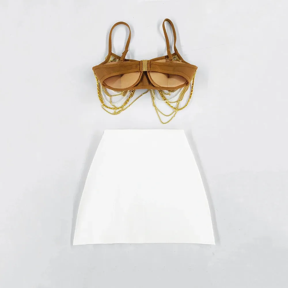 MIRIAM KHAKI METAL PEARL CHAIN TASSEL MINI SKIRT SET