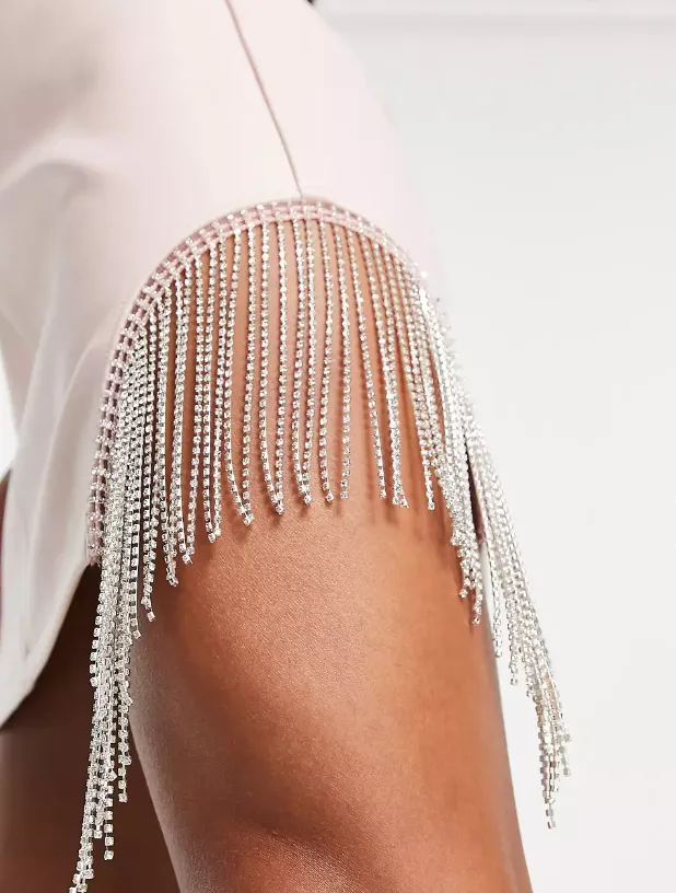 Miss Selfridge Petite Faux Leather Diamante Fringe Cut-Out Mini Skirt In Pale Pink